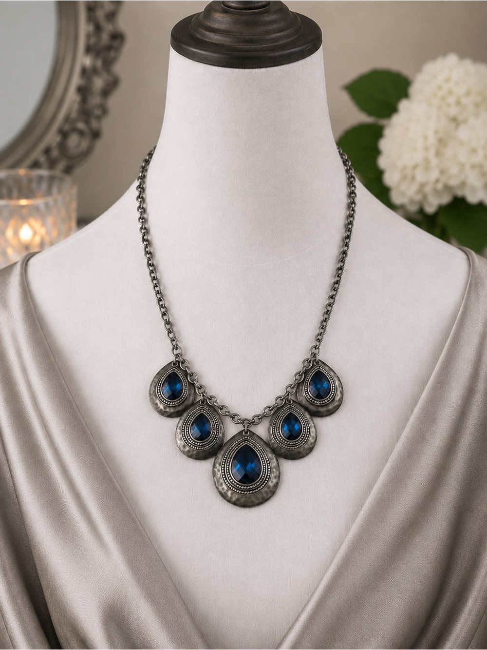 Statement Bib Necklace Blue Faceted Teardrops St Thomas Antique Pewter Tone